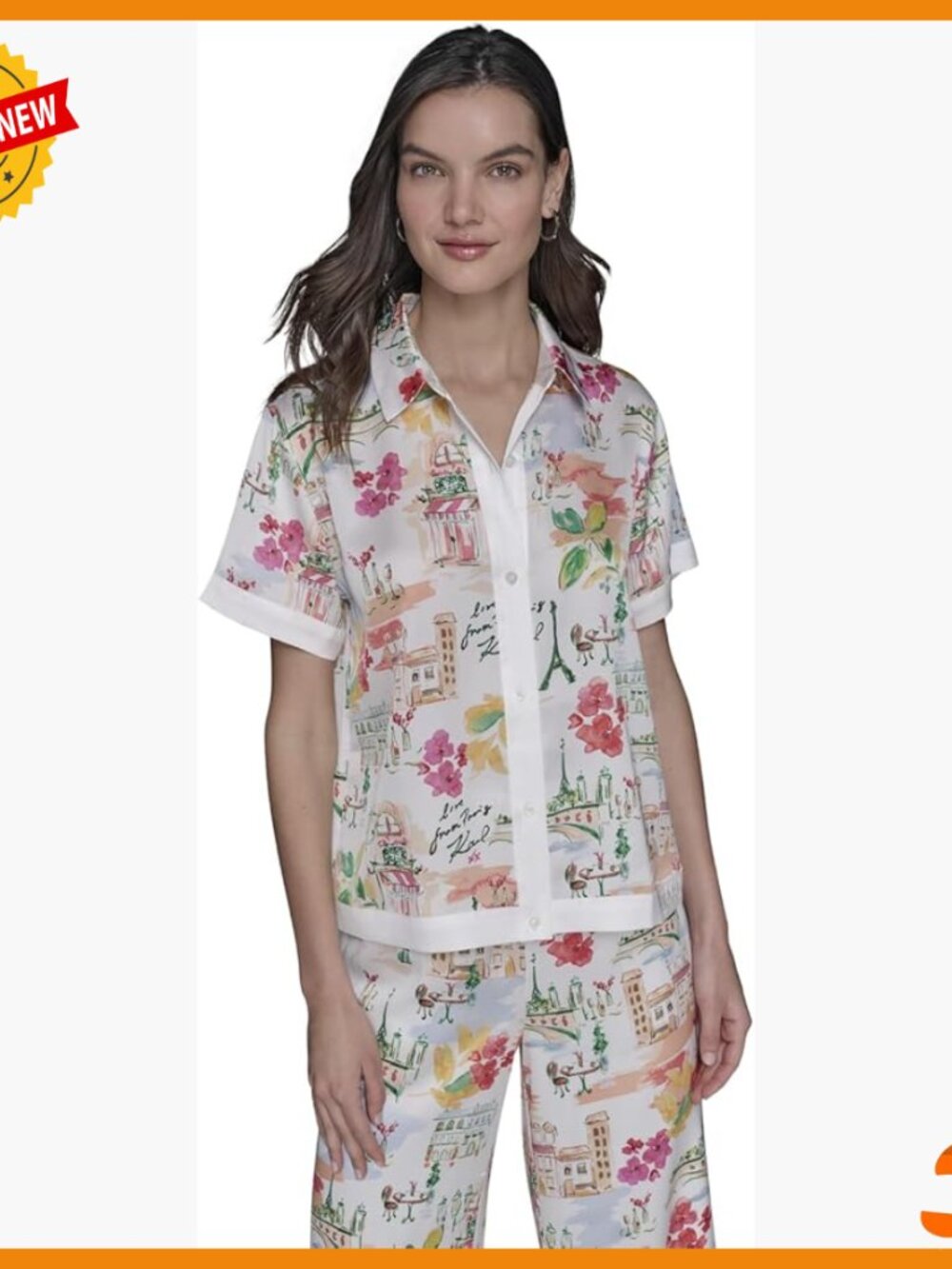 Button Down Camp Shirt Blouse Fun Print Professional Flattering Fit
